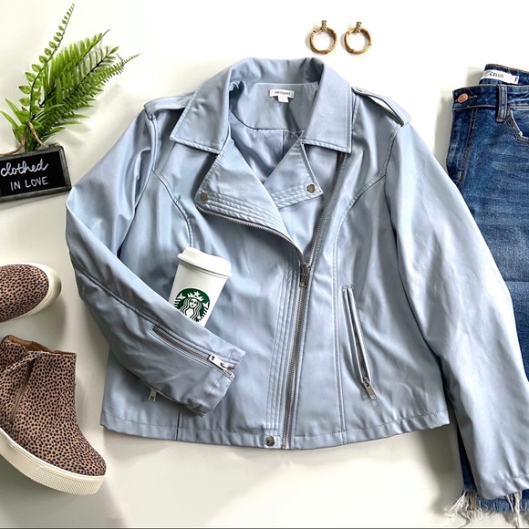 Westport Jackets & Blazers - Westport Light Blue Faux Leather Zip Moto Jacket